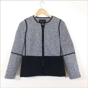 Lafayette 148 NY Collarless Black White Tweed/Suede Fitted Jacket Sz P Front Zip